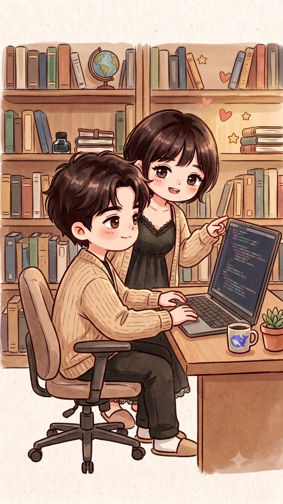 两个人在书房里一起学习与创作的插画